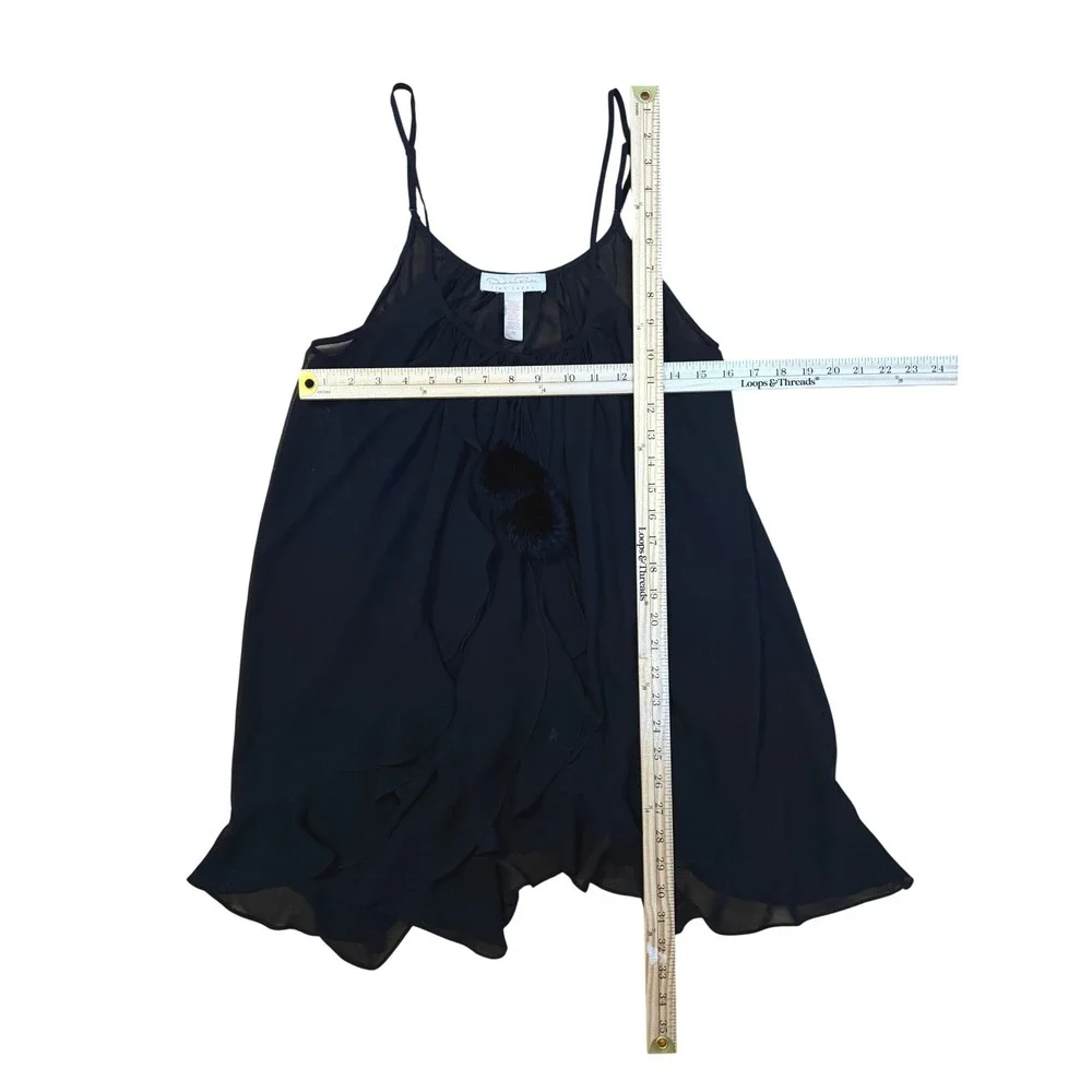 Oscar de la Renta Nightgown Women Medium‎ Black Sheer Fur Pom Babydoll 682239